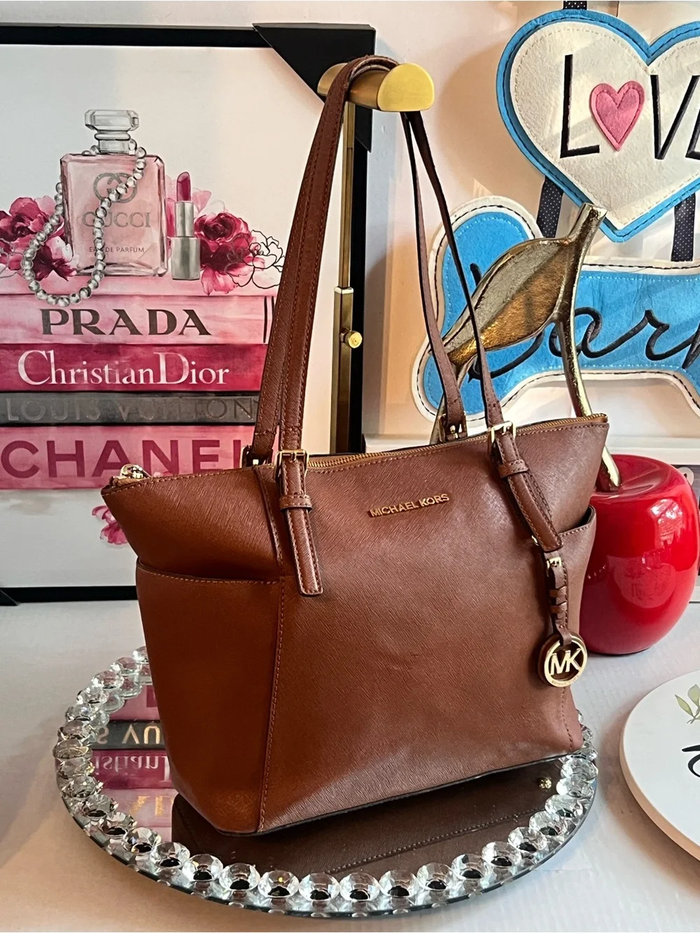 Michael Kors Brown Leather Saffiano Tote with Gold Logo Charm